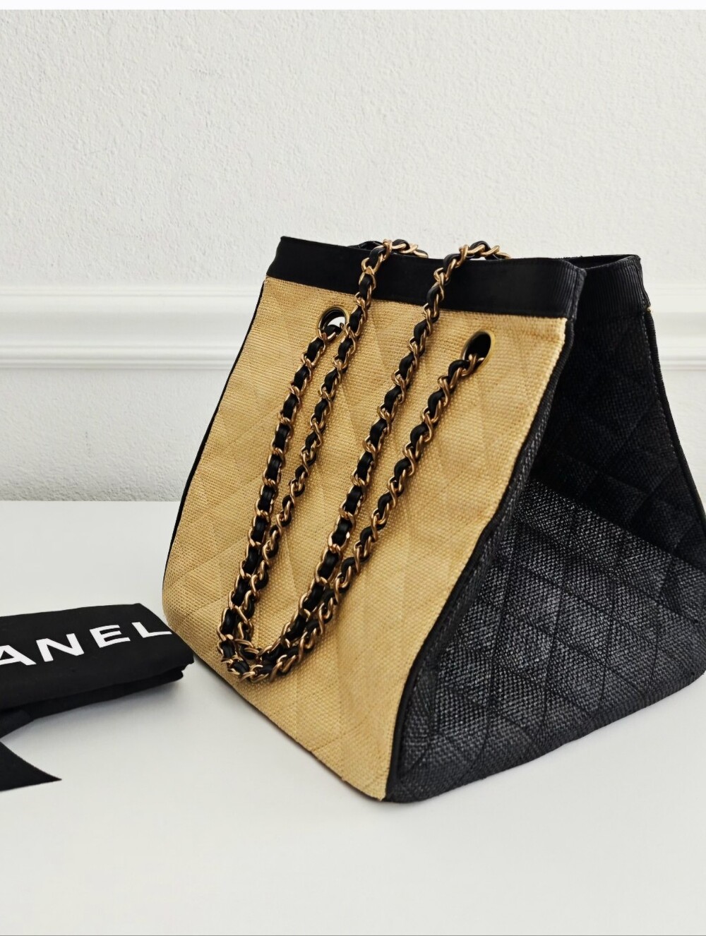 Chanel Black & Beige Bicolor CC Quilted Rafia Straw Bag